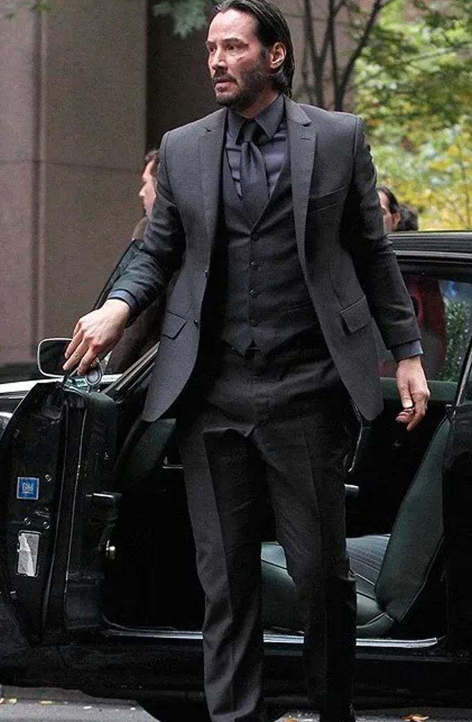 John Wick Keanu Reeves Grey Charcoal 3 Piece Slim Fit Suit