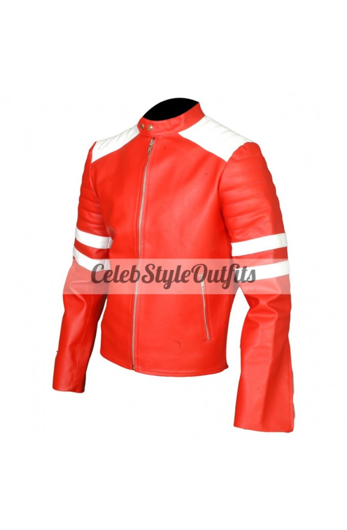 Fight Club Brad Pitts Mayhem White Stripe Red Leather Jacket