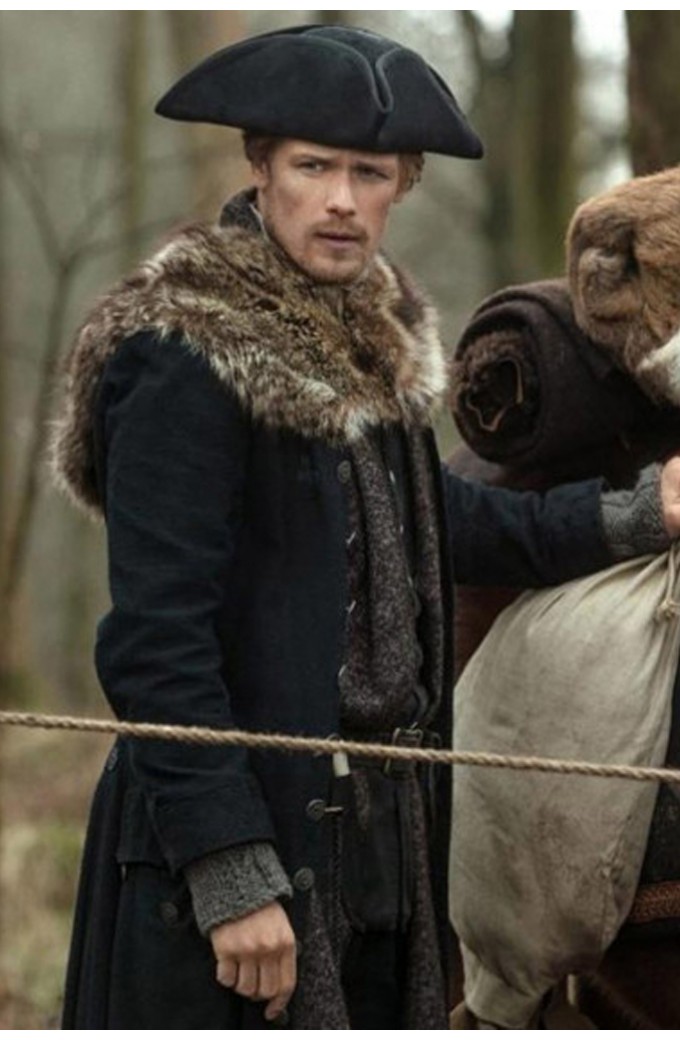 Outlander S4 Sam Heughan Dark Grey Fur Trench Coat