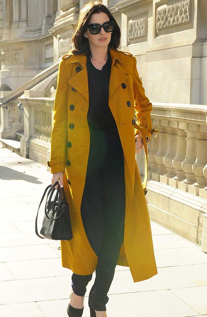 Anne Hathaway Actress Chic Yellow Trench London Long Coat