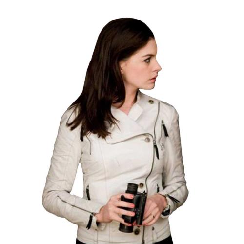 Get Smart Agent 99 Anne Hathaway Biker White Leather Jacket