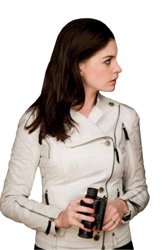 Agent 99 Get Smart Anne Hathaway Biker White Leather Jacket