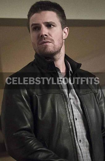 Stephen Amell Arrow TV Show Oliver Queen Black Leather Jacket