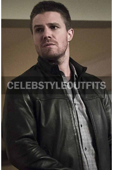Stephen Amell Arrow TV Show Oliver Queen Black Leather Jacket