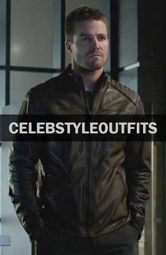 Stephen Amell Arrow TV Show Oliver Queen Brown Leather Jacket