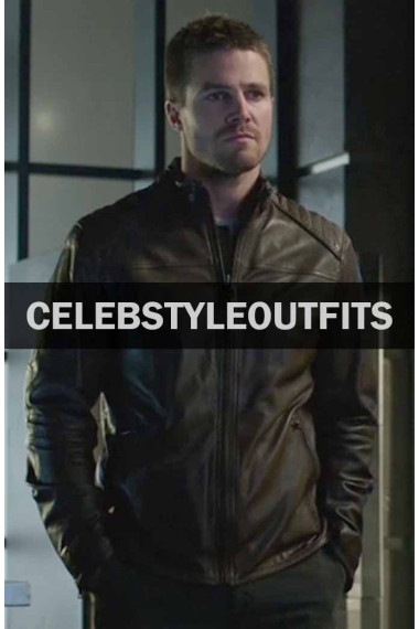 Stephen Amell Arrow TV Show Oliver Queen Brown Leather Jacket