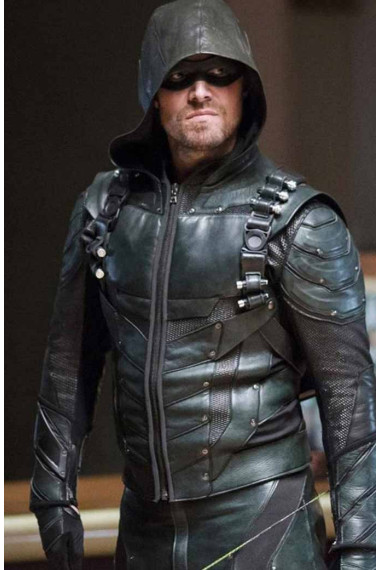Oliver Queen Arrow Stephen Amell Green Leather Hooded Jacket