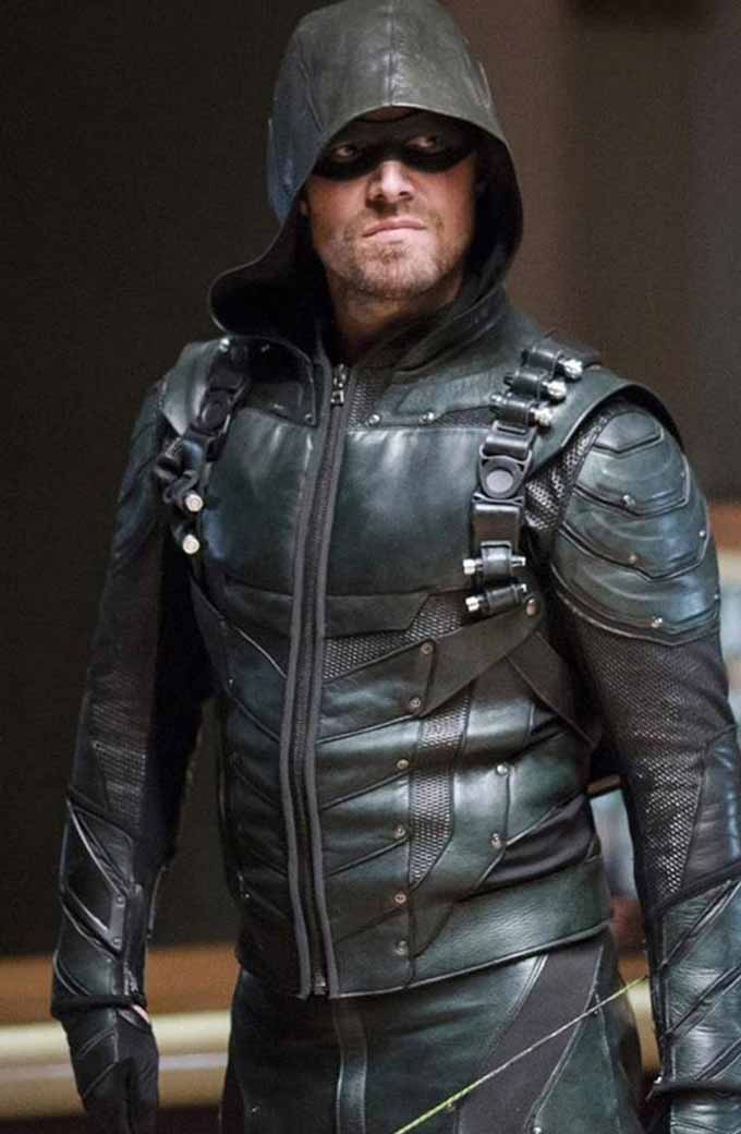 Oliver Queen Arrow Stephen Amell Green Leather Hooded Jacket