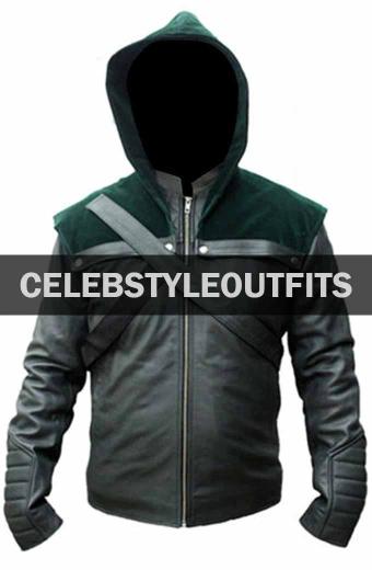 Stephen Amell Arrow Oliver Queen Hooded Green Leather Jacket