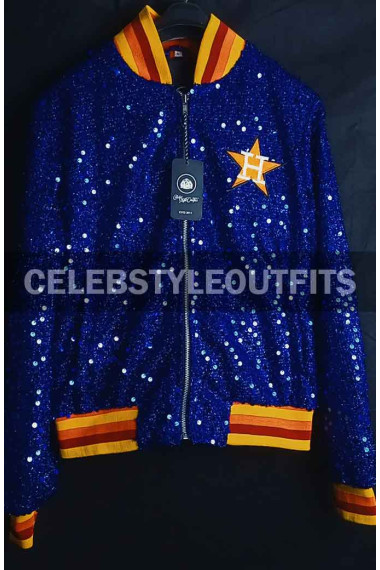 Houston Astros Sparkle Blue Sequin Bomber Varsity Jacket
