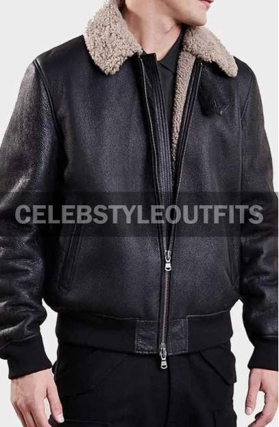 Casual Mens Aviator Bomber Black Leather Shearling Jacket aviator-casual-bomber-jacket