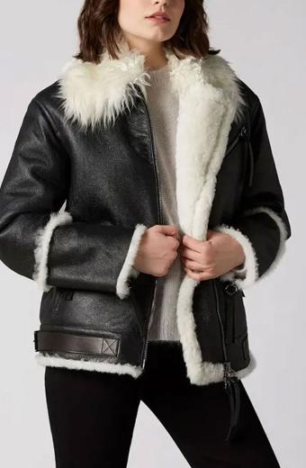 Womens Aviator Casual Bomber Black Leather Fur Lined Jacket