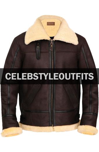 Mens B3 Aviator Casual Bomber Brown Leather Shearling Jacket