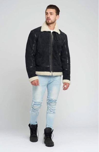Mens Aviator Black Bomber Suede Leather Shearling Jacket aviator-mens-jacket