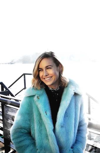 Winters Brie Larson Womens Casual Light Blue Fur Trench Coat