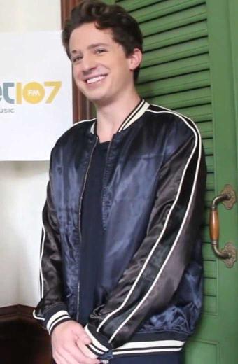 Met 107 Charlie Puth Mens Black Satin Bomber Varsity Jacket
