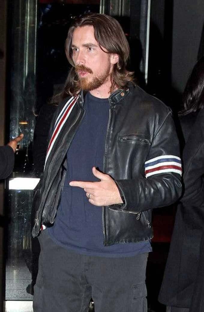 Christian Bale Striped Biker Black Leather Casual Jacket