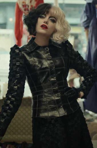 Emma Stone Cruella De Vil Quilted Black Cosplay Leather Jacket