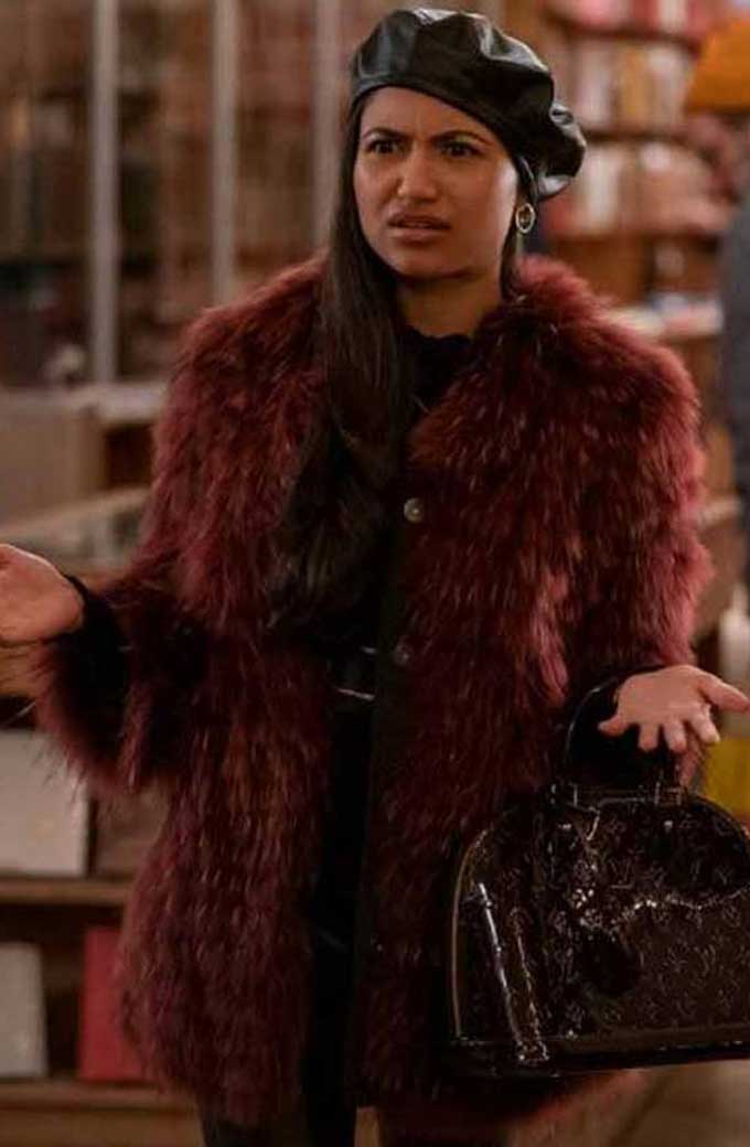 Agneeta Thacker Dash And Lily TV Show Priya Burgundy Fur Coat