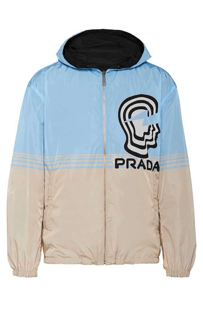 Prada DJ Khaled Head-Logo Bomber Blue Beige Windbreaker Jacket dj-khaled-prada-head-logo-windbreaker-jacket