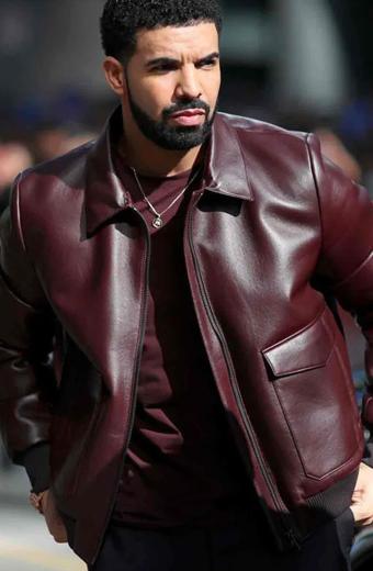 Mens Aubrey Drake Graham Casual Bomber Burgundy Leather Jacket
