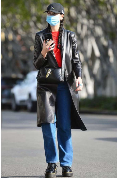 Womens Dua Lipa Street Style Casual Black Leather Trench Coat