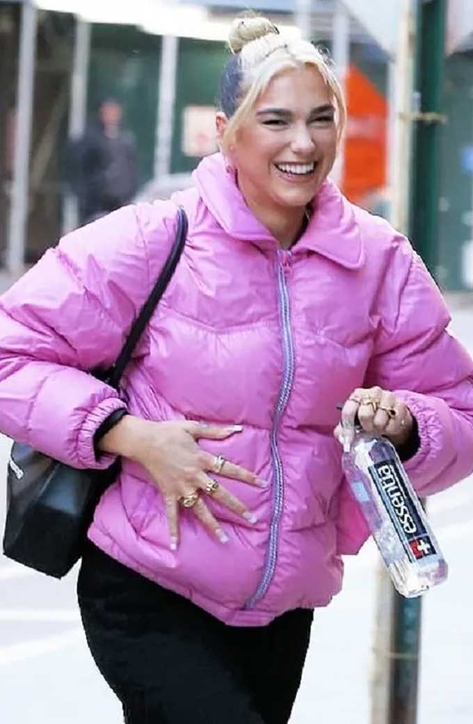 Womens Dua Lipa Bomber Pink Parachute Quilted Puffer Jacket singer-dua-lipa-quilted-jacket