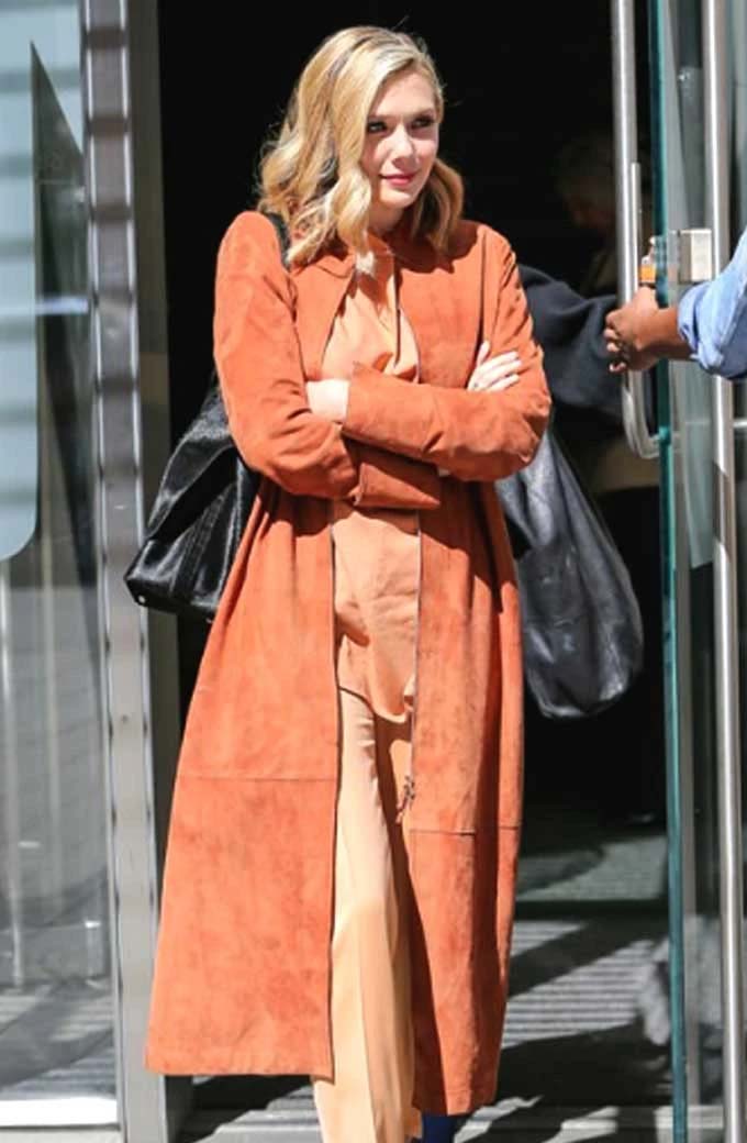 Elizabeth Olsen Street Style Casual Orange Suede Trench Coat