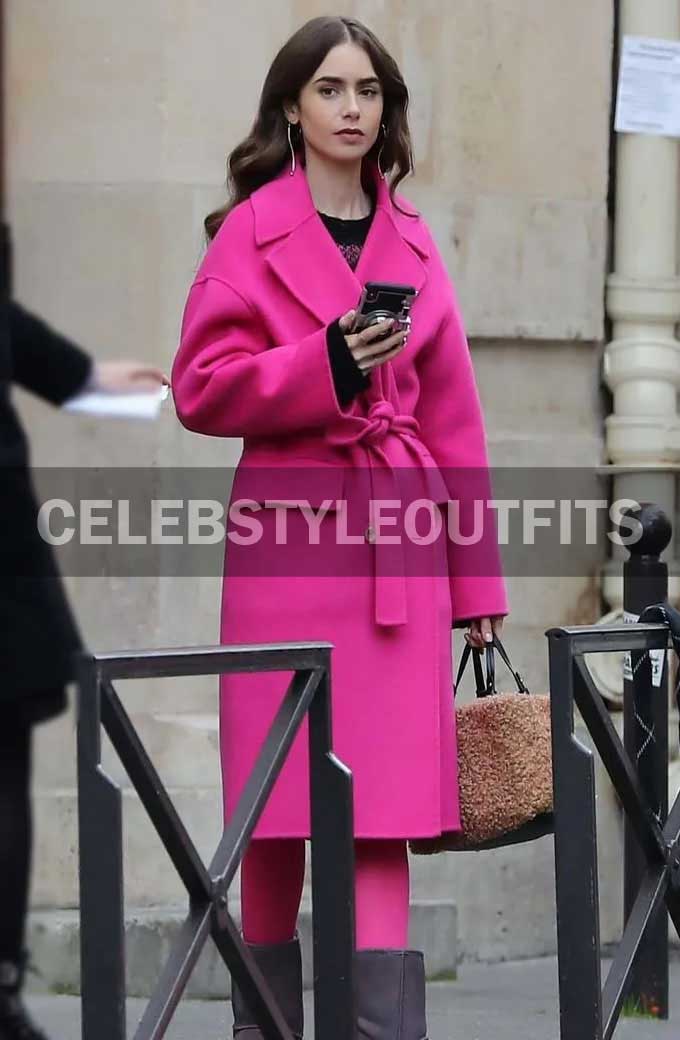 Emily in Paris Lily Collins Hot Pink Wool Coat