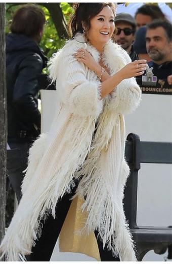 Emily In Paris Ashley Park Mindy Chen White Wool Long Fur Coat