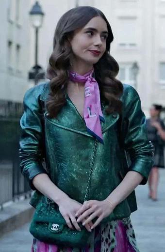 Lily Collins Emily Cooper Emily In Paris Green Metallic Jacket