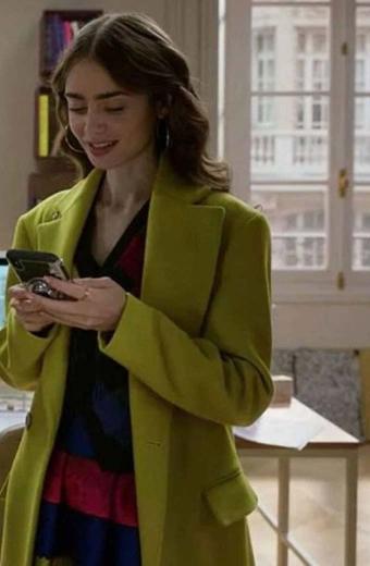 Lily Collins Emily Cooper Emily In Paris Green Wool Pea Coat