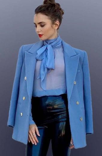 Emily in Paris Lily Collins Emily Cooper Blue Wool Pea Coat