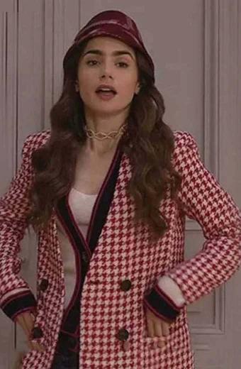 Lily Collins Emily Cooper Emily In Paris Red Checked Coat