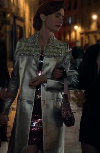 Emily In Paris Lily Collins Emily Cooper Silver Leather Coat