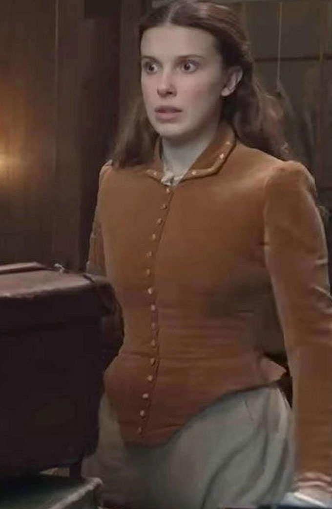 Enola Holmes Millie Bobby Womens Royal Brown Velvet Jacket