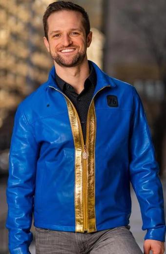 Video Game Fallout 76 Vault Mens Blue Cosplay Leather Jacket
