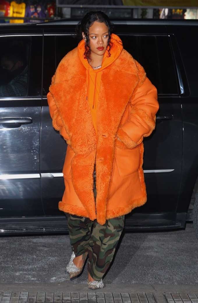 Barbadian Singer Rihanna Robyn Orange Leather Coat