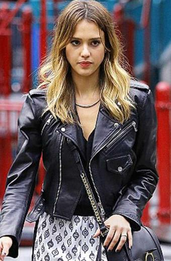 Jessica Alba Street Casual Womens Black Biker Leather Jacket