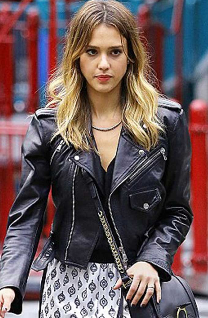 Jessica Alba Street Casual Womens Black Biker Leather Jacket