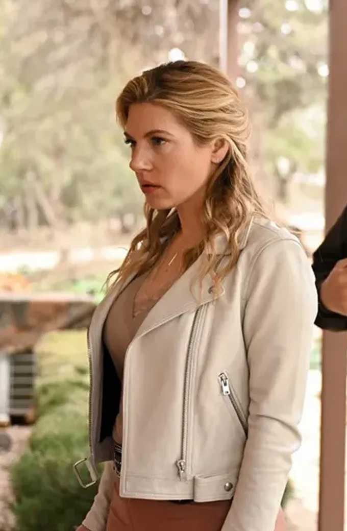 Jenny Hoyt Big Sky Katheryn Winnick White Biker Leather Jacket