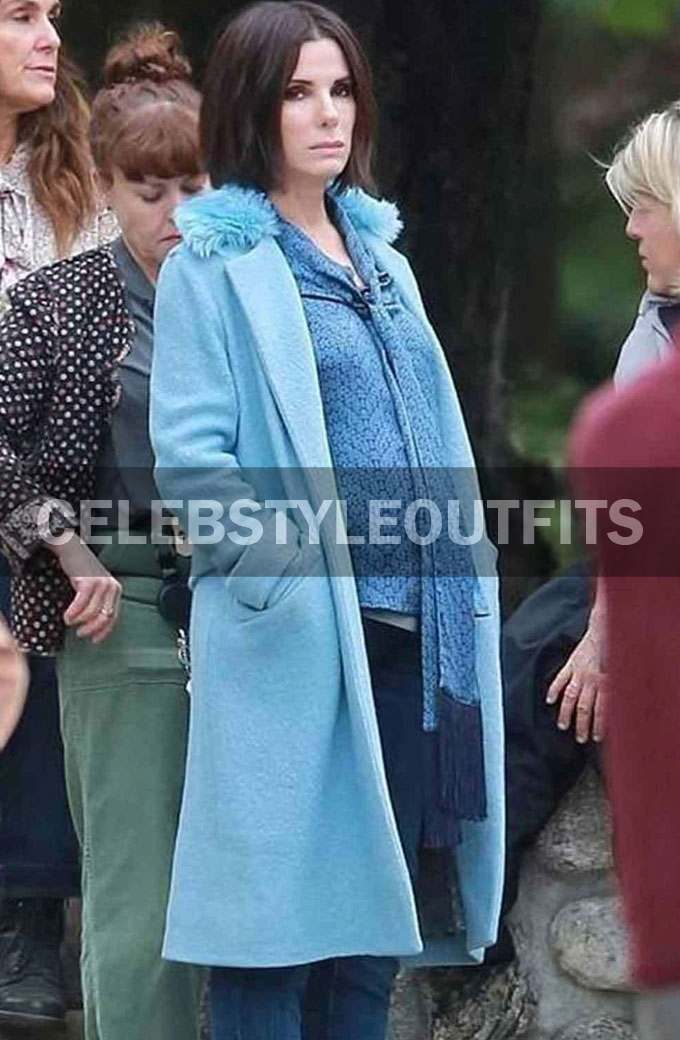 Bird Box Sandra Bullock Malorie Hayes Blue Wool Trench Coat