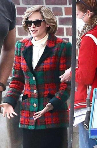 Diana Spencer Kristen Stewart Checked Plaid Wool Trench Coat