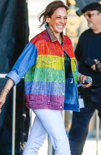 Gay Pride Flag Kamala Harris Rainbow Denim Jacket