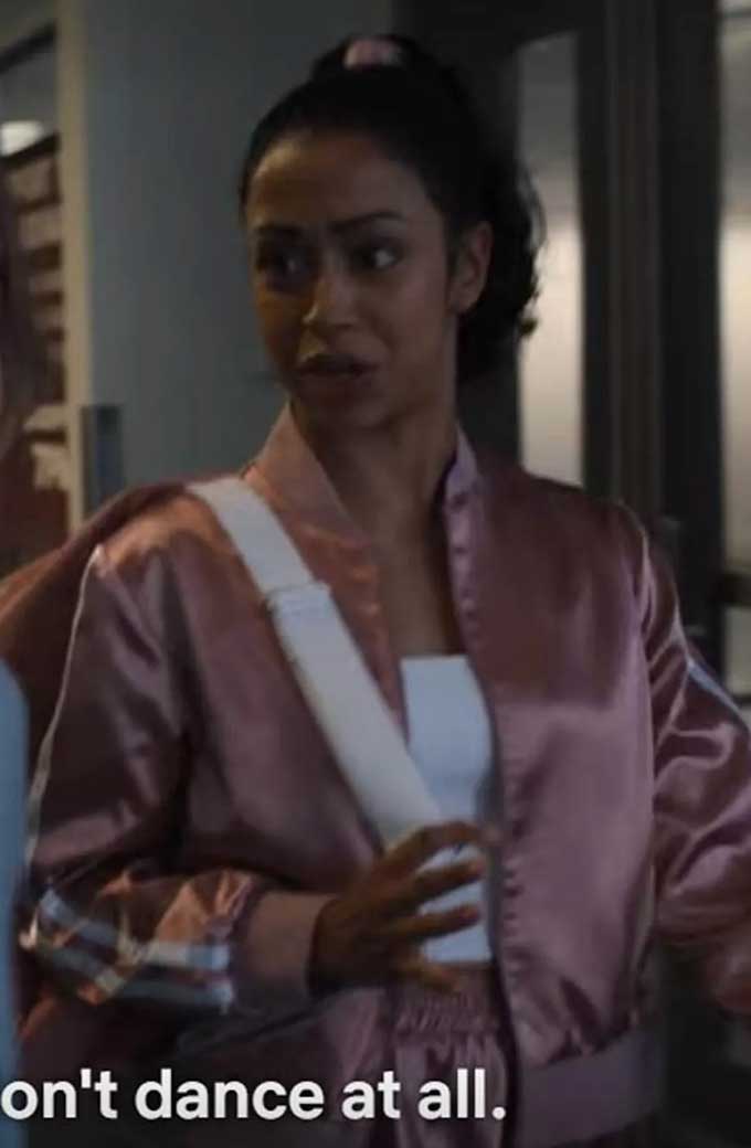 Jasmine Hale Work It Liza Koshy Bomber Pink Satin Jacket