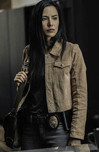 Jessica Matten Tribal TV Show Sam Woodburn Beige Denim Jacket
