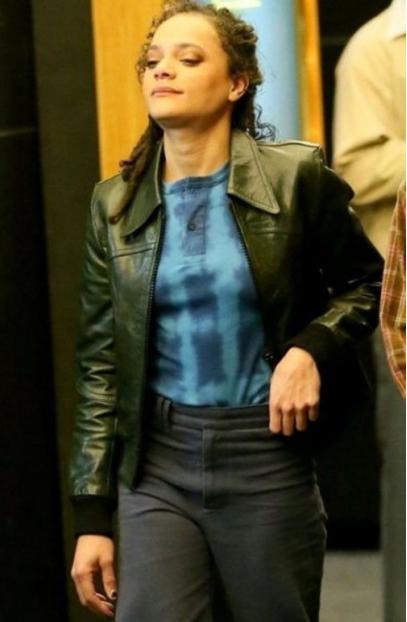 Crowded Room Ariana Sasha Lane Bomber Green Leather Jacket the-crowded-room-ariana-green-jacket