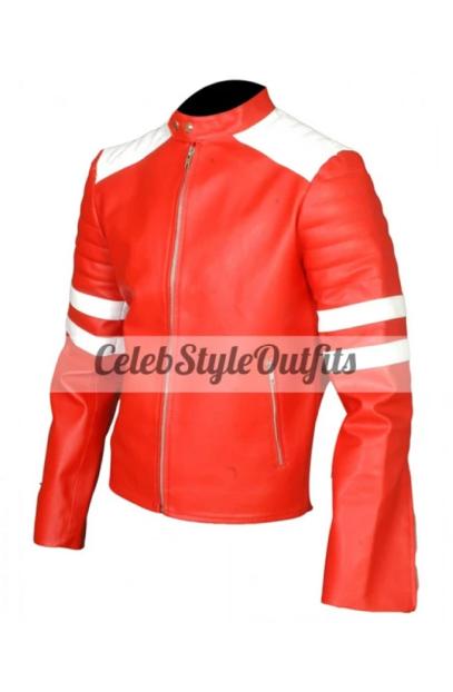 Fight Club Tyler Durden Brad Pitt Mayhem Red Leather Jacket fight-club-red-white-mayhem-jacket
