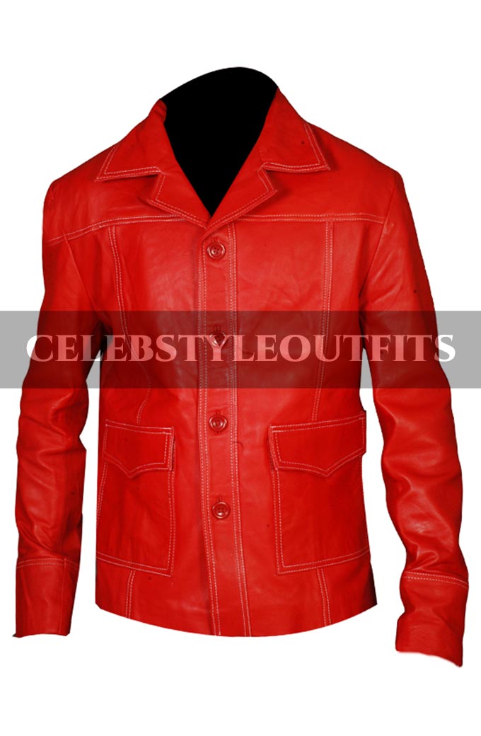 Brad Pitt Fight Club Tyler Durden Red Leather Trench Jacket