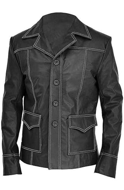 Fight Club Tyler Durden Brad Pitt Black Leather Trench Jacket brad-pitt-fight-club-black-jacket